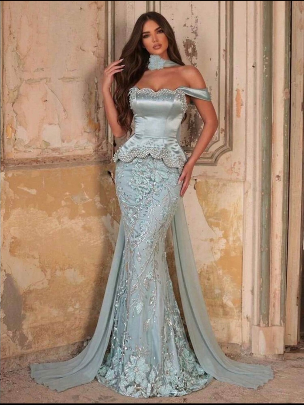Elegant Off-Shoulder Light Blue Embellished Mermaid Gown